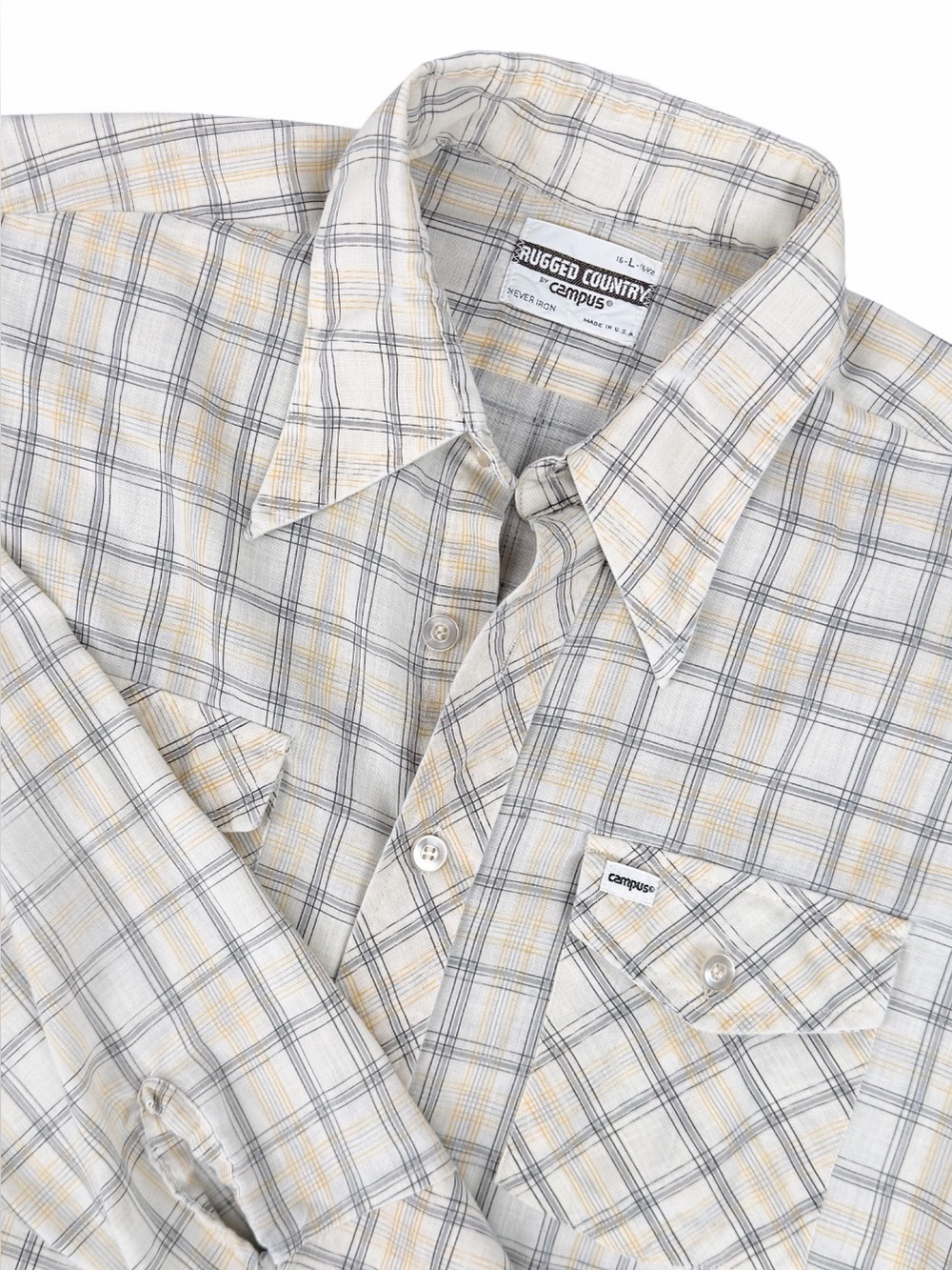 Campus Rugged Country Men’s Large Western Shirt Plaid Spread Collar Vintage 70s